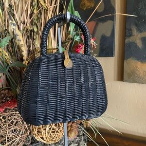 RETRO 1960s style BLK coated wicker handbag